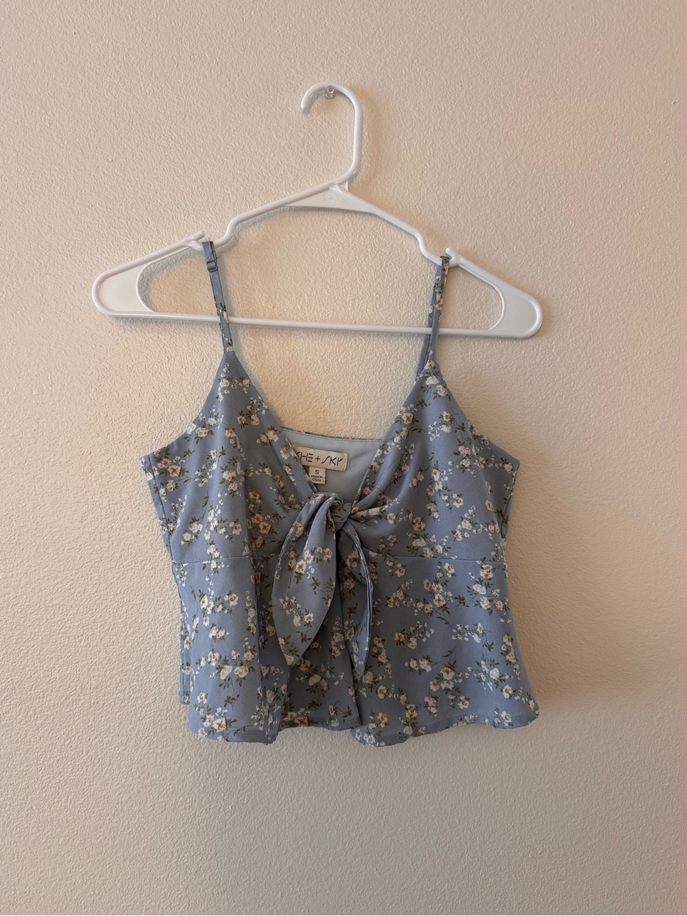 She + Sky Dusty Blue Floral Tie-Front Cami